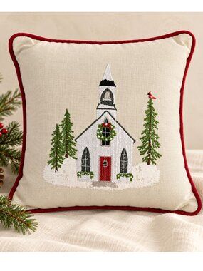Park Designs Christmas Church Pillow 10" Embroidered Snow Holiday Cottage Decor